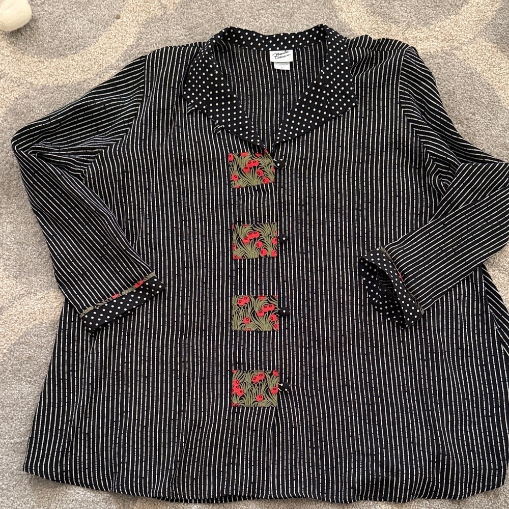 Marla Duran XL Black Rayon Art Polka Dot Collar | Floral Patch Detail | USA - Picture 15 of 16